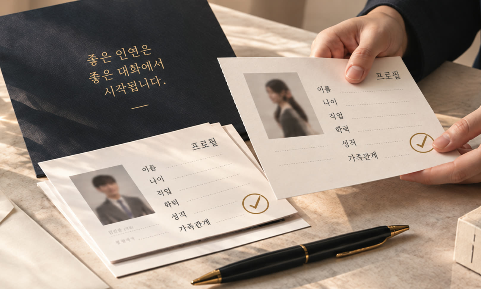 &lsquo;좋은 인연은 좋은 대화에서 시작됩니다&rsquo;라고 적힌 카드 옆에서, 확인 표시가 찍힌 프로필 카드를 살펴보는 손