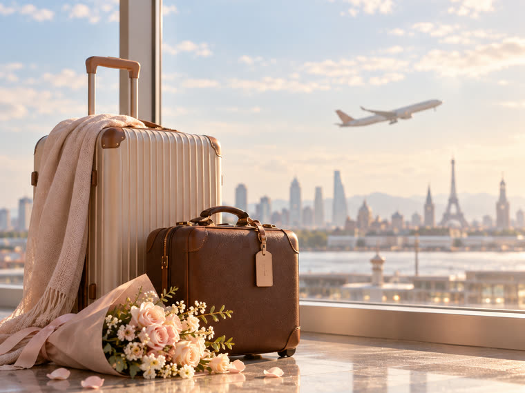 공항 창가에 놓인 여행 가방과 꽃다발, 이륙하는 비행기